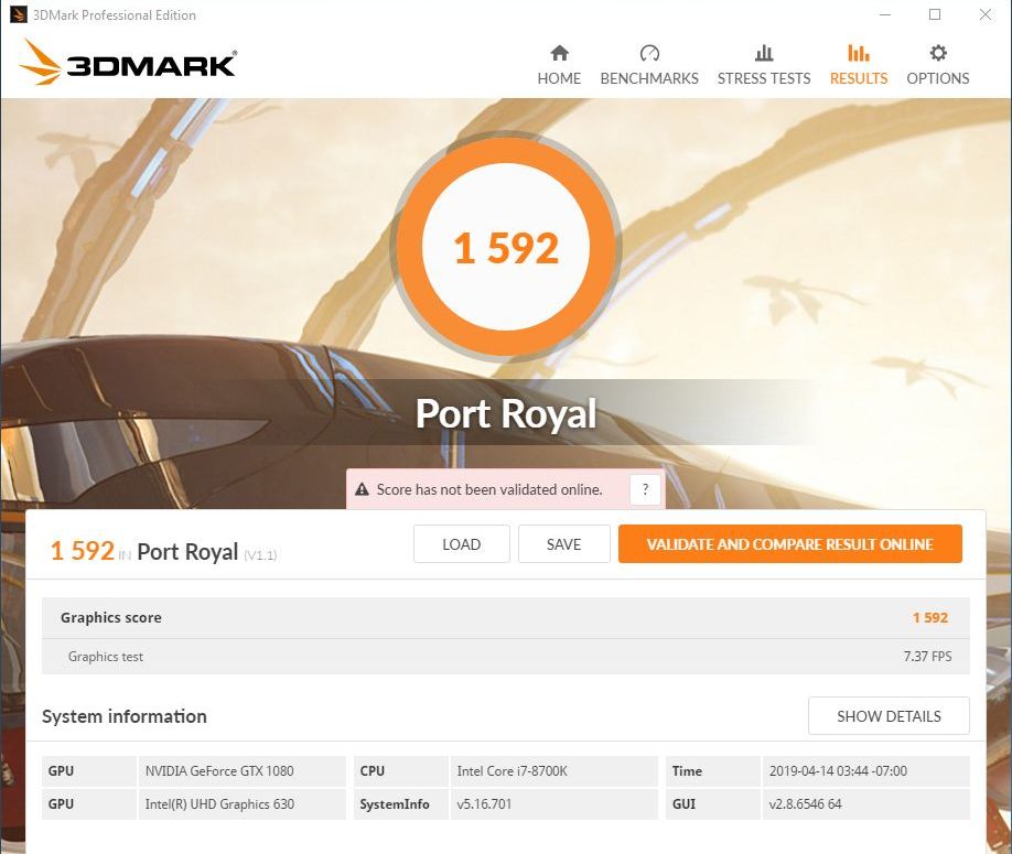 3DMark Port Royal DirectX Raytracing Benchmark - GeForce GTX 1080 score