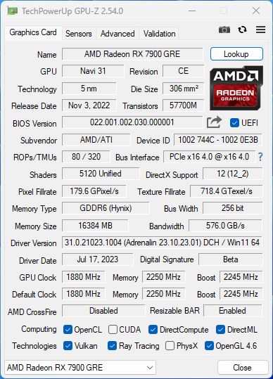 Radeon RX 7900 GRE, GPU-Z