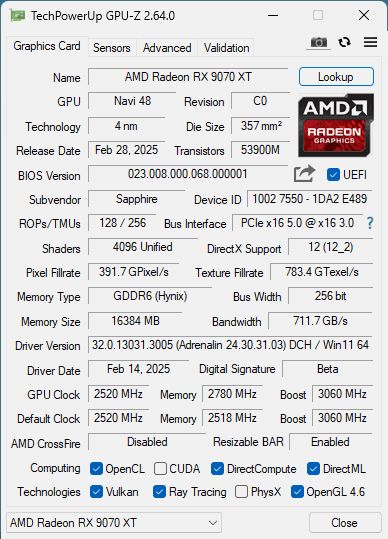 AMD Radeon RX 9070 XT - GPU-Z