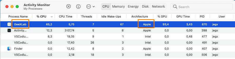 macOS Activity Monitor - GeeXLab for Apple silicon