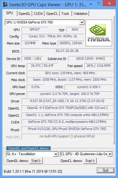 ASUS GeForce GTX 750, GPU Caps Viewer