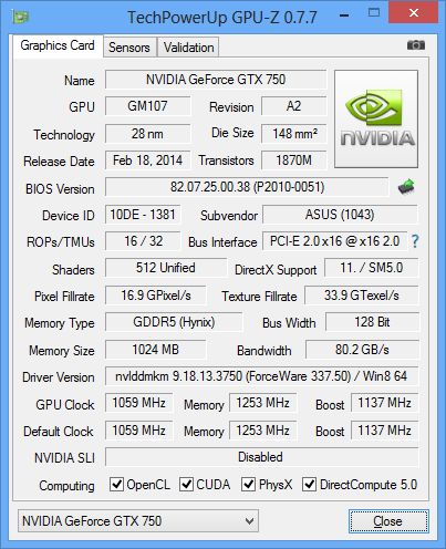 ASUS GeForce GTX 750, GPU-Z