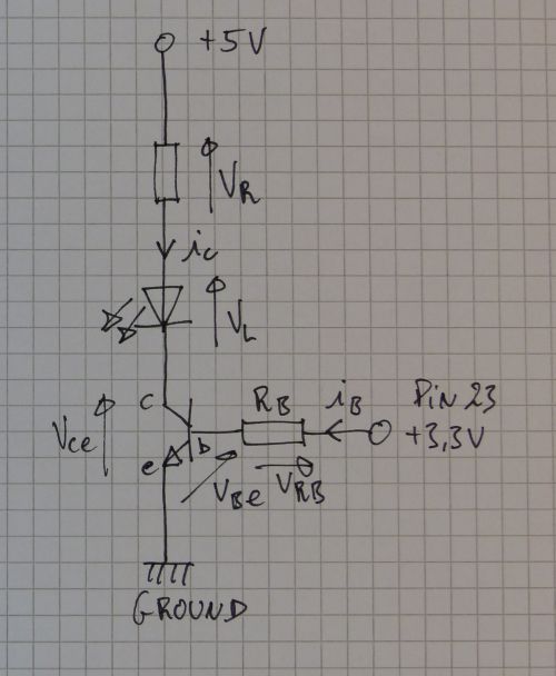 Raspberry Pi: transistor + LED + resistor circuit connected on pin 23