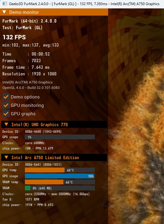 FurMark 2.4 - Monitoring of Intel Arc A750 and UHD Graphics 770 GPUs
