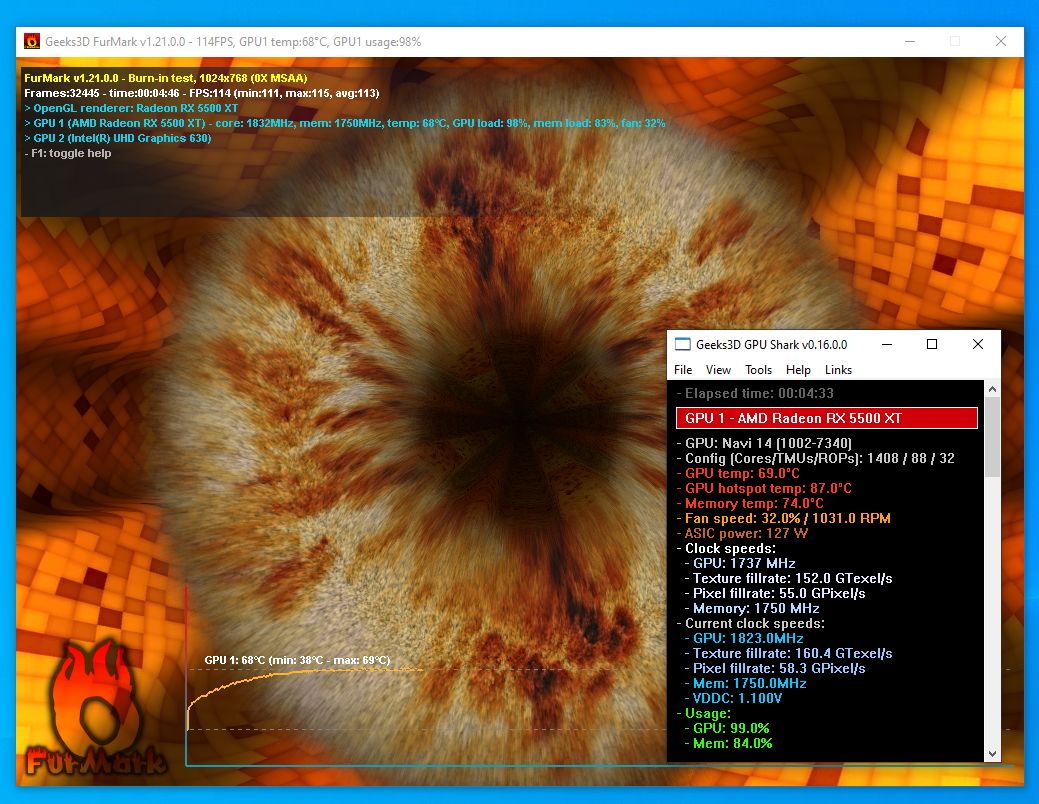 SAPPHIRE Pulse Radeon RX 5500 XT 8GB GDDR6 - FurMark stress test