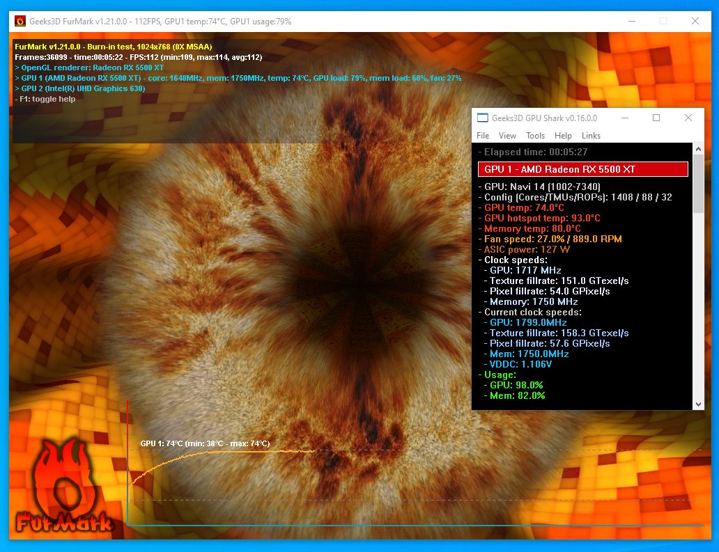 SAPPHIRE Pulse Radeon RX 5500 XT 8GB GDDR6 - FurMark stress test - power +20%