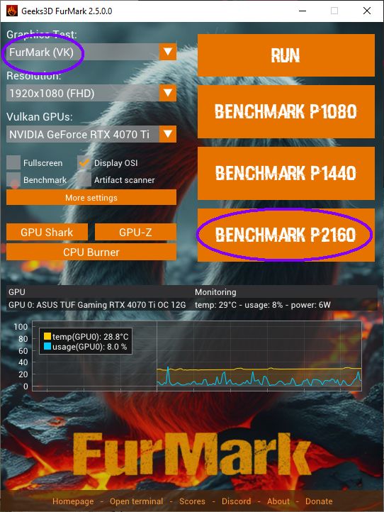 FurMark 2 GUI - FurMark(vk) P2160 benchmark