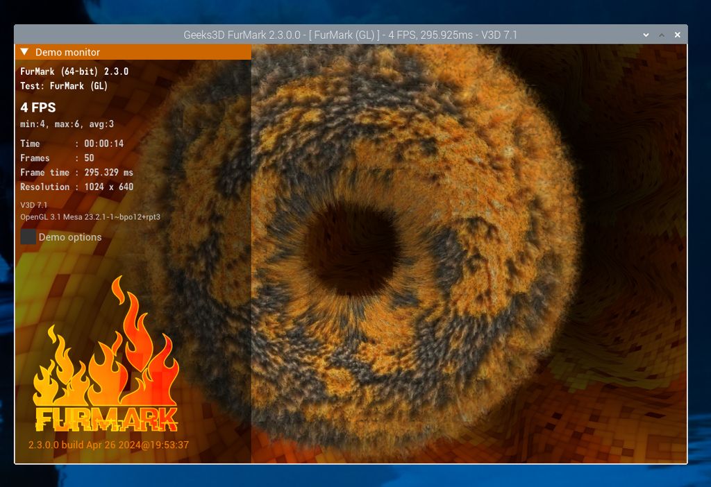FurMark 2.3 running on Raspberry Pi 5 board