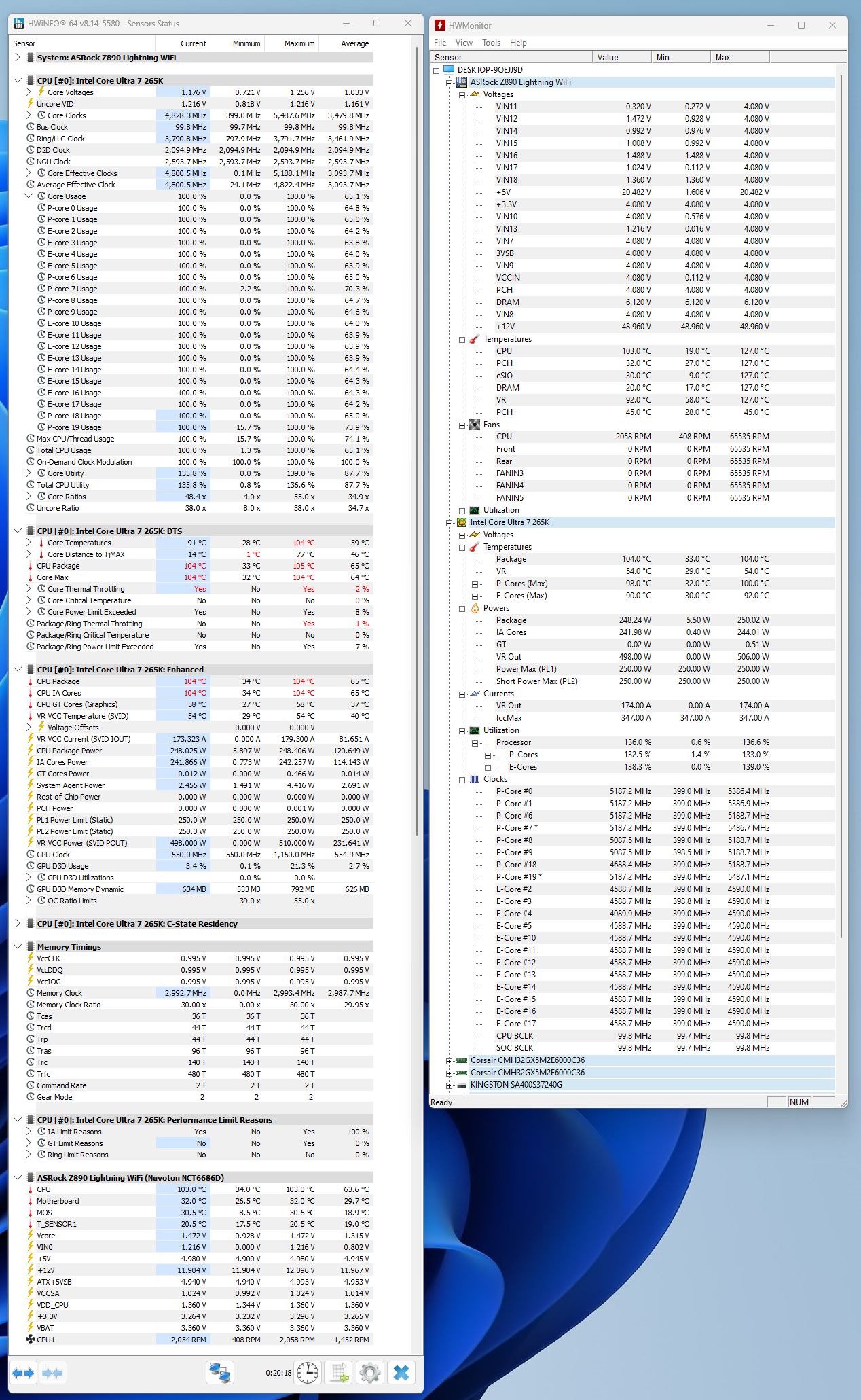 Geeks3D test bench - FurMark 2 CPU Burner stress test - HWiNFO and HWMonitor