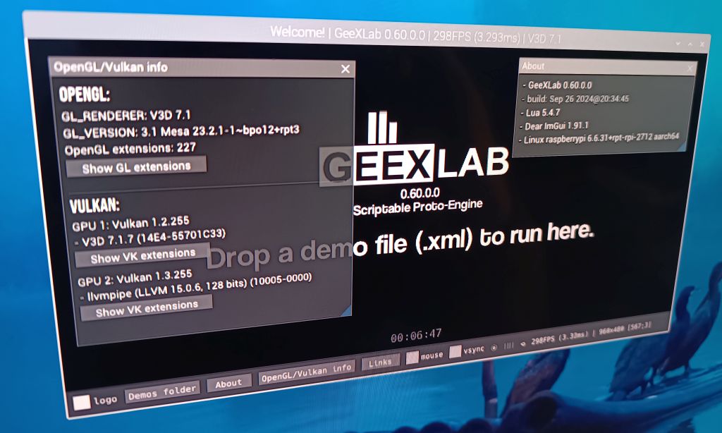 GeeXLab running on a arm64 platform (Raspberry Pi)