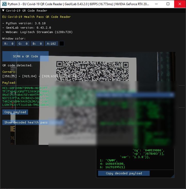 GeeXLab - Health Pass / Covid-19 vaccine certificate QR Code Reader in Python 3