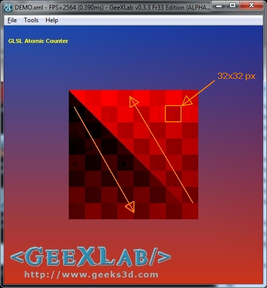 GeeXLab, Atomic Counter demo on Radeon HD 6970