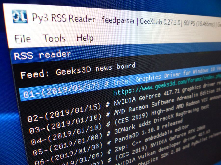 GeeXLab demo - RSS feed reader with Python 3 and feedparser and Atoma