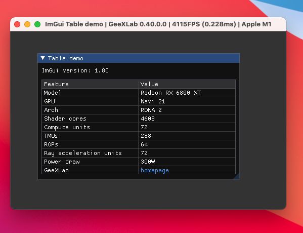 GeeXLab on macOS Big Sur + Apple M1 - Dear ImGui table demo