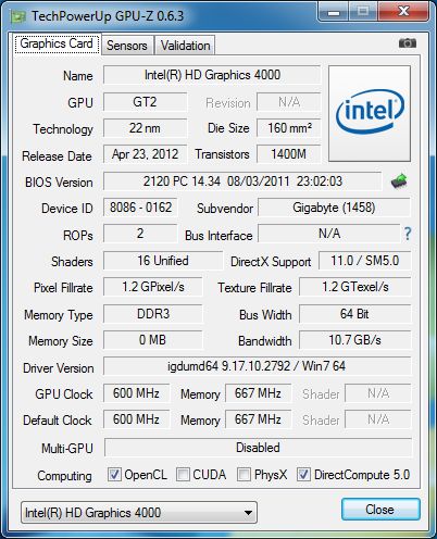 GPU-Z 0.6.3, Intel HD 4000