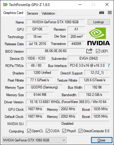 EVGA GeForce GTX 1060 Superclocked