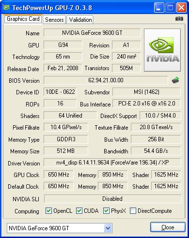 MSI N9600GT Diamond - GPU-Z