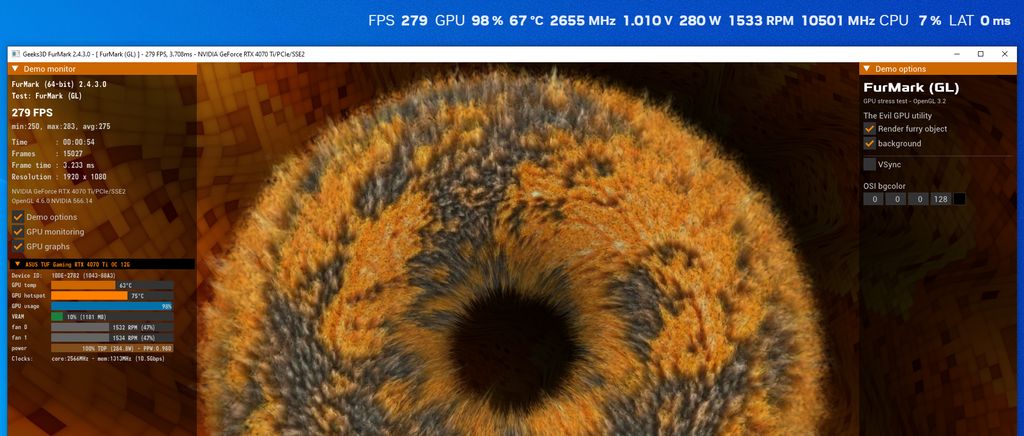 NVIDIA APP - performance overlay - GeForce RTX 4070 Ti, FurMark 2