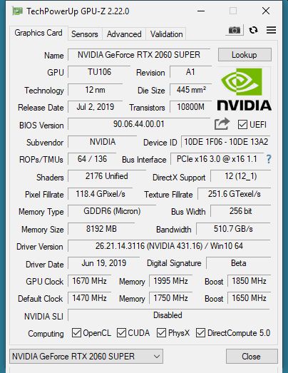 NVIDIA GeForce RTX 2060 SUPER GPU-Z