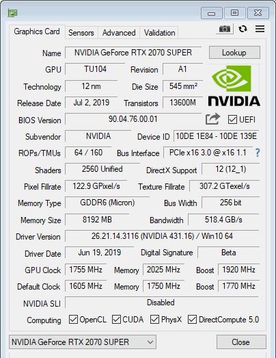 NVIDIA GeForce RTX 2070 SUPER GPU-Z