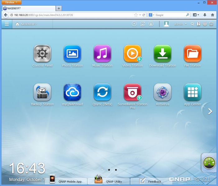 Qnap TS-221 NAS, QTS 4.0 admin panel