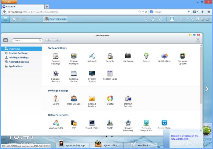 Qnap TS-221 NAS, QTS 4.0 admin panel