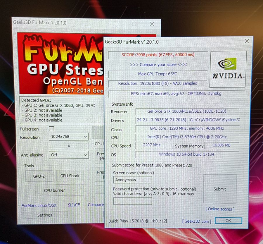 ASUS ROG Strix GL703G SCAR Edition Gaming Notebook - FurMark score
