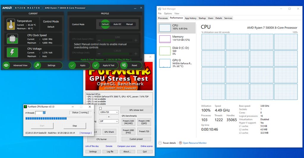 AMD Ryzen 7 5800X, Dark Rock 4 CPU cooler - FurMark CPU burner stress test