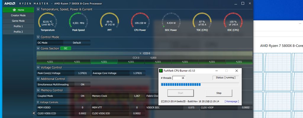 AMD Ryzen 7 5800X, Dark Rock 4 CPU cooler - FurMark CPU burner stress test