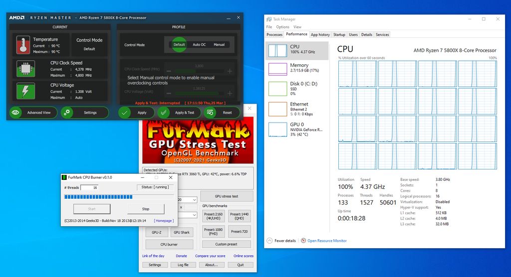 FurMark CPU burner utility - AMD Ryzen 7 5800X cooled by Wraith Stealth