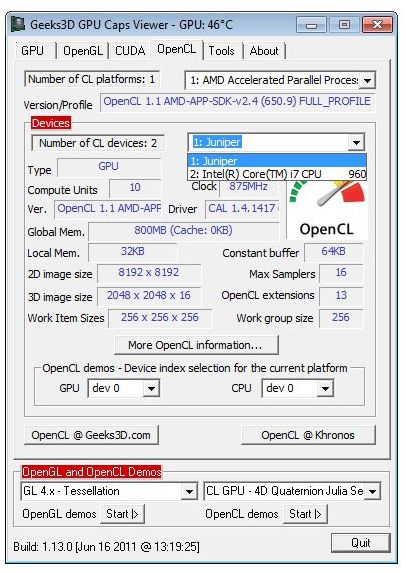 GPU Caps Viewer OpenCL panel
