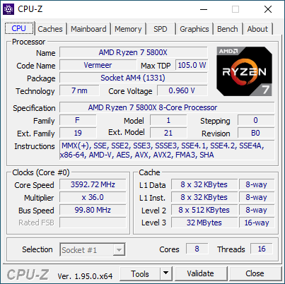 CPU-Z, AMD Ryzen 7 5800X
