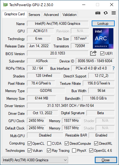 Intel Arc A380 - GPU-Z
