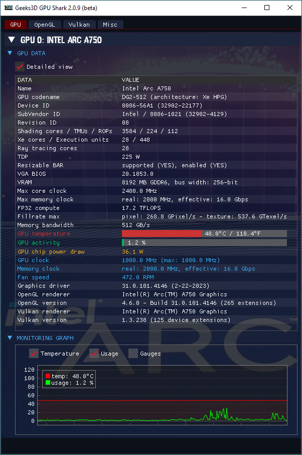 Intel Arc Graphics driver - GPU Shark 2 + Arc A750