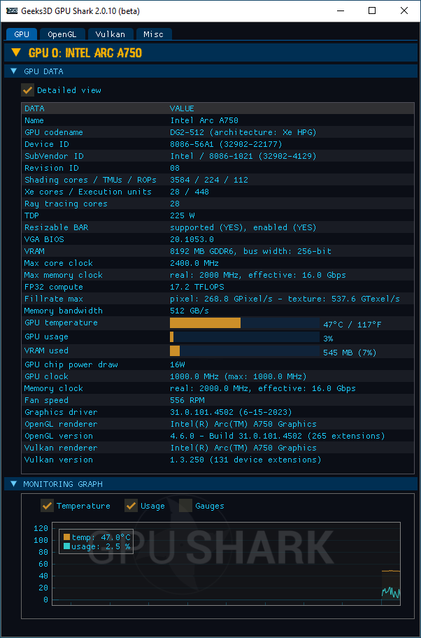 Intel Arc Graphics driver - GPU Shark 2 + Arc A750