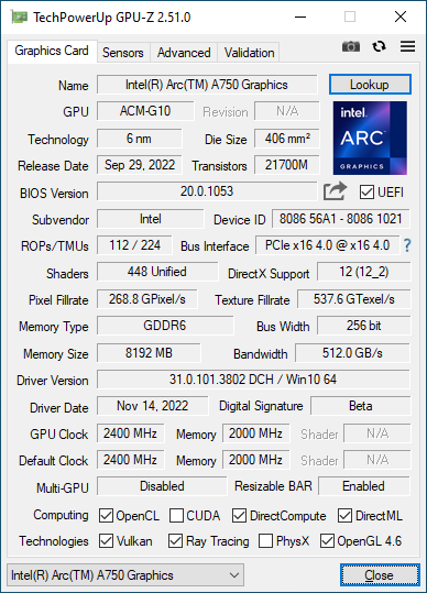 Intel Arc A750 LE - GPU-Z