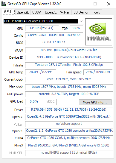 ASUS GeForce GTX 1080 TURBO + GPU Caps Viewer