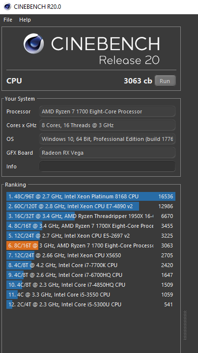 Cinebench R20 CPU Benchmark - AMD Ryzen 7 1700 score