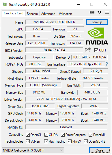 GIGABYTE GeForce RTX 3060 Ti Gaming OC 8G - GPU-Z