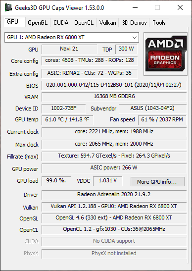 GPU Caps Viewer 1.53 - Radeon RX 6800 XT