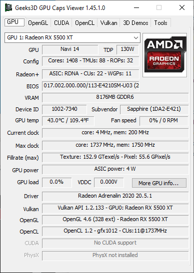 GPU Caps Viewer 1.45.1 - Radeon RX 5500 XT