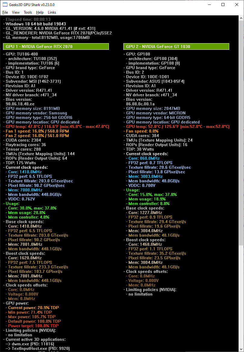 GPU Shark 0.23.0 - GeForce RTX 2070 + GeForce GT 1030