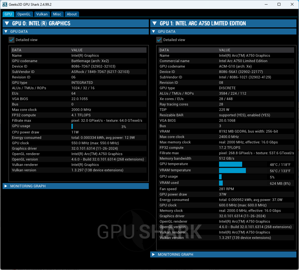 Intel Arc Graphics driver - GPU Shark 2 + Arc A750 + Arc Graphics