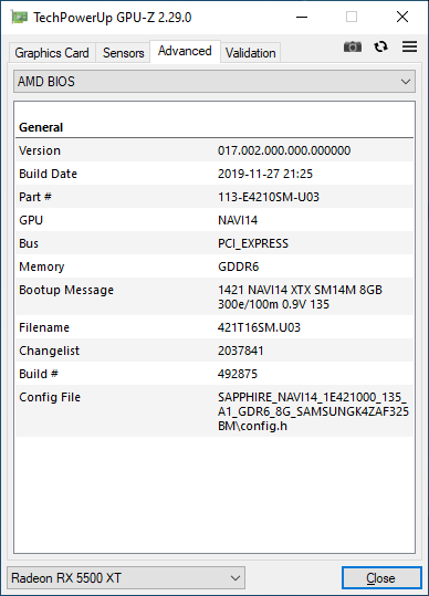 SAPPHIRE Pulse Radeon RX 5500 XT 8GB GDDR6 - GPU-Z - AMD BIOS