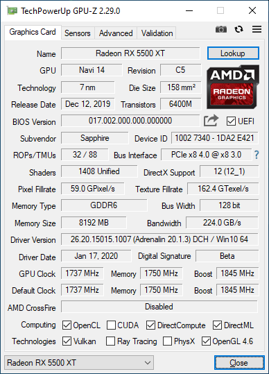 SAPPHIRE Pulse Radeon RX 5500 XT 8GB GDDR6 - GPU-Z