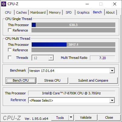 CPU-Z, Intel Core i7-8700K, benchmark