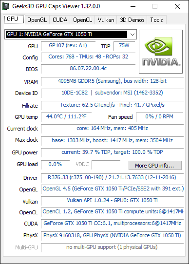 MSI GeForce GTX 1050 Ti Gaming 4GB - GPU Caps Viewer