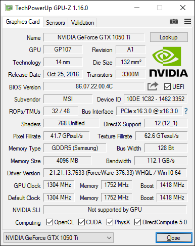 MSI GeForce GTX 1050 Ti Gaming 4GB - GPU-Z