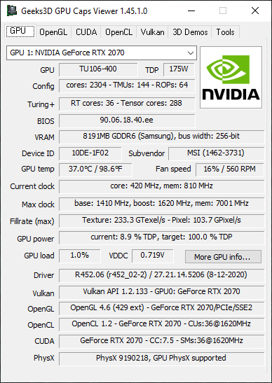 NVIDIA GeForce 452.06 + GPU Caps Viewer + GeForce RTX 2070