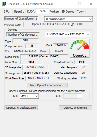 NVIDIA GeForce 465.89 + GPU Caps Viewer + GeForce RTX 3060 Ti + OpenCL 3.0